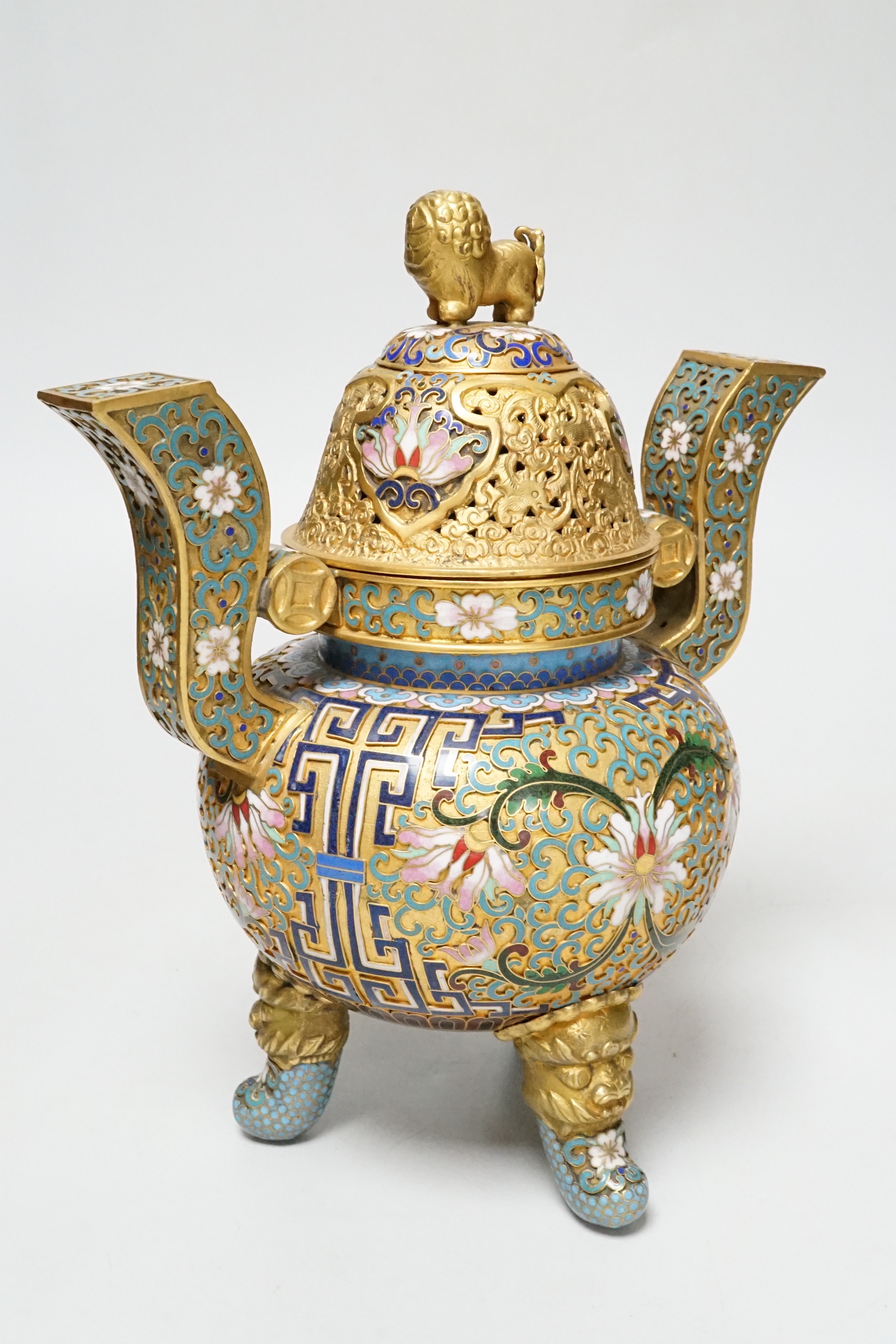 A Chinese cloisonné enamel tripod censer and cover, 22cm including cover